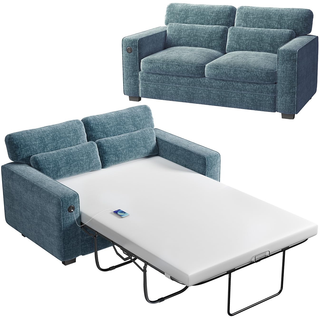 Photo 1 of Marsail Pull Out Sofa Bed, Queen Size Sleeper Sofa with Memory Foam Mattress, 2 USB Charging and Removable Covers, Loveseat for Living Room, Apartment, Supports 600 LBS, Chenille Fabric, Blue