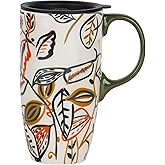 Topadorn 17oz Ceramic Coffee Travel Mug - Leak-Proof Lid, Handcrafted Leaf Pattern Tea & Latte Cup