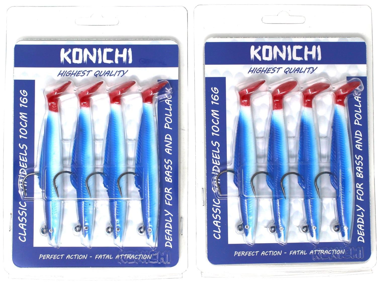 FISHZONE - 8 (2 x 4) Pack KONICHI CLASSIC SANDEEL Fishing Lure 4" 10cm 16g Soft Rubber Imitation Bait Range (6 Colours Available) For Predatory Fishing (Bluey)
