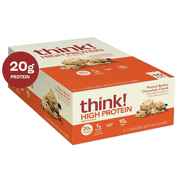 THINK! PROTEIN BARS, HIGH PROTEIN SNACKS, GLUTEN FREE, HIGH FIBER, PEANUT BUTTER CHOCOLATE CHUNK, 10 COUNT