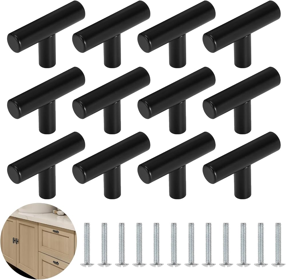 YSDMY 12 Pcs T Bar Cabinet Knobs Black 46mm Aluminum Alloy Drawer Pulls