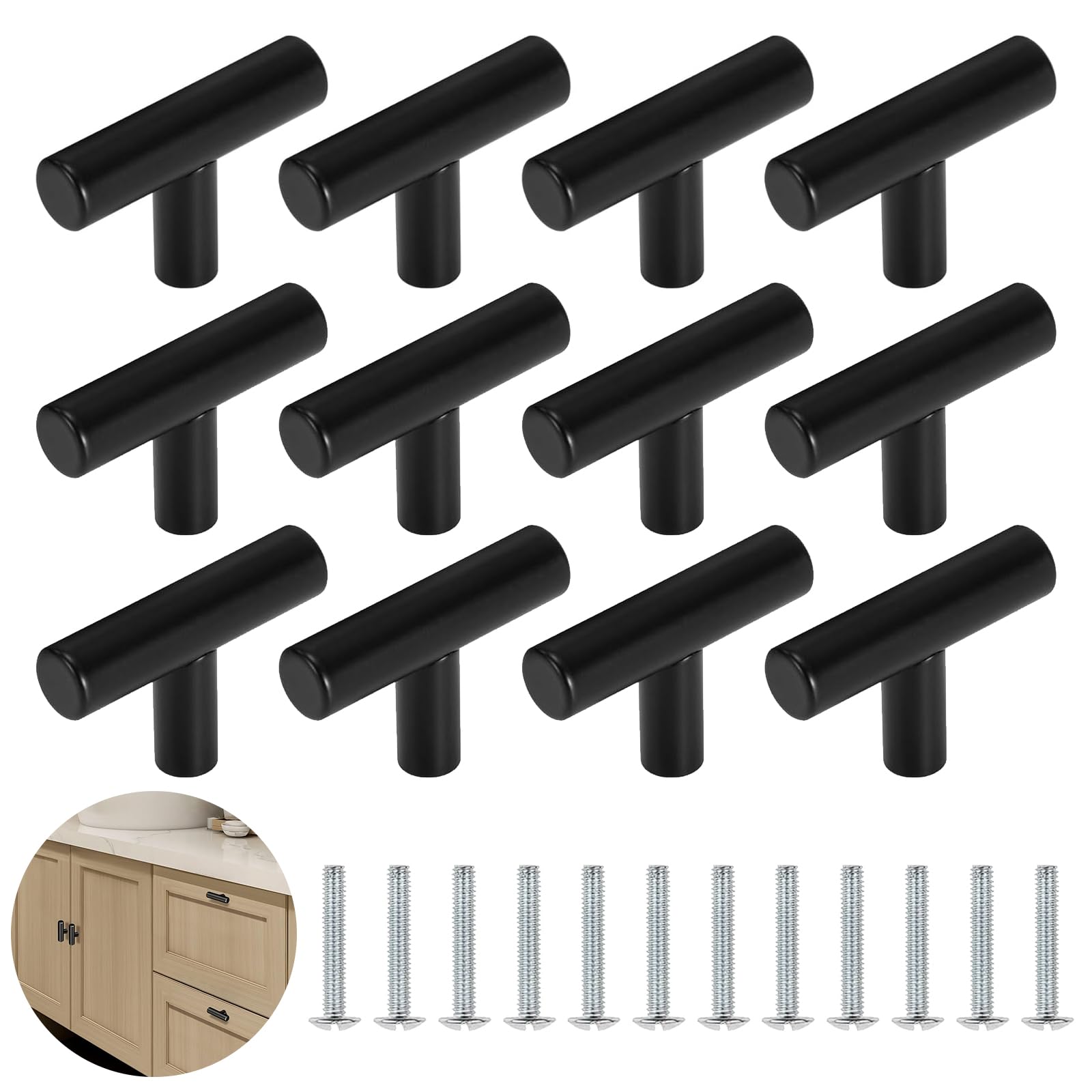 YSDMY Kitchen Door Handles 12 Pcs Kitchen Cupboard Handles 46mm T Bar Handle Drawer Pulls Single Hole Drawer Knobs for Cupboard Wardrobe Furniture Hardware, Black Cupboard Knobs — image 1