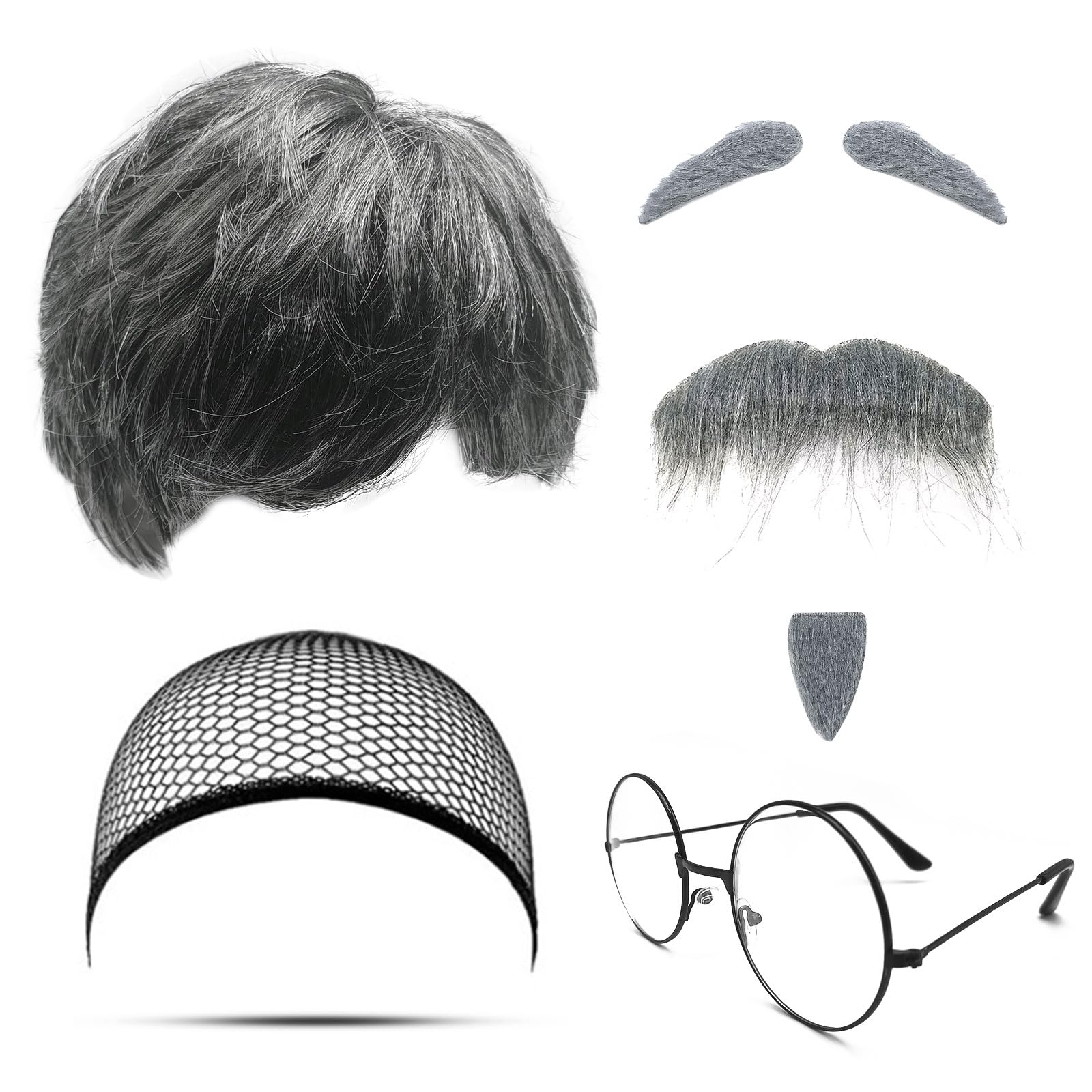 MIVAIUN 7Pcs Grandpa Costume Set Old Man Costume Accessories Grandpa Wig Set Wig Fake Beard Eyebrows Wig Cap Glasses Grandpa Dress Up Set for Halloween Christmas Cosplay Theme Party(Old Man Set)