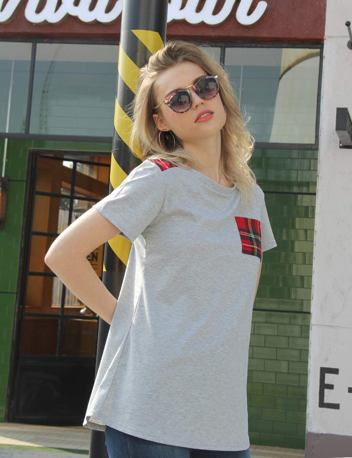 Blooming Jelly Womens Plaid Shirt Short Sleeve Crew Neck T-Shirt Color Block Top Pocket Knit Tunic(Medium, Grey)