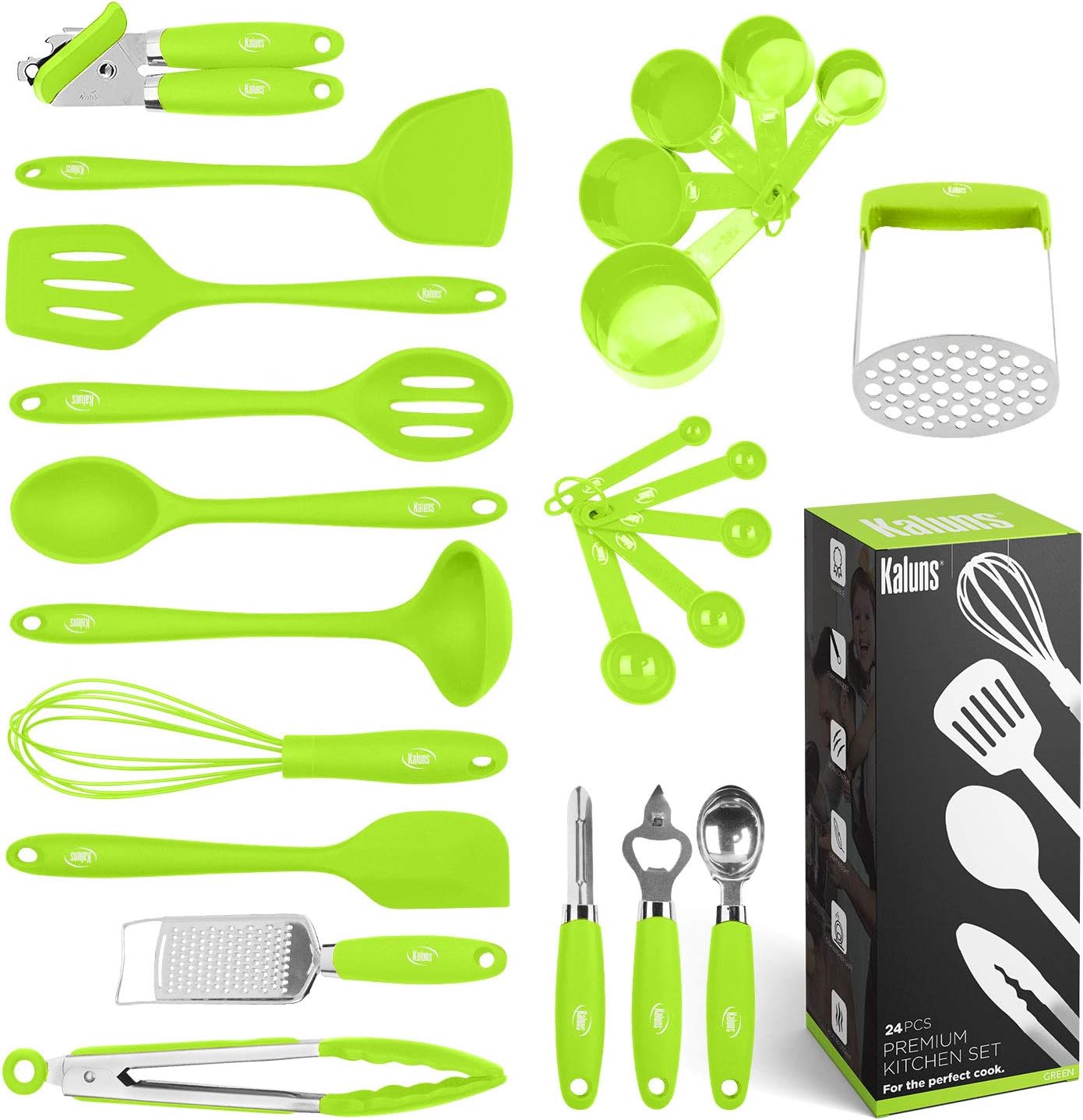 Kaluns Silicone Kitchen Utensils Set 24 Pcs Silicone Cooking Utensils Set - Can Opener, Masher, Turner, Spatula 446°F Heat Resistant Non-Stick - Premium Silicone and Stainless Steel Utensil Set