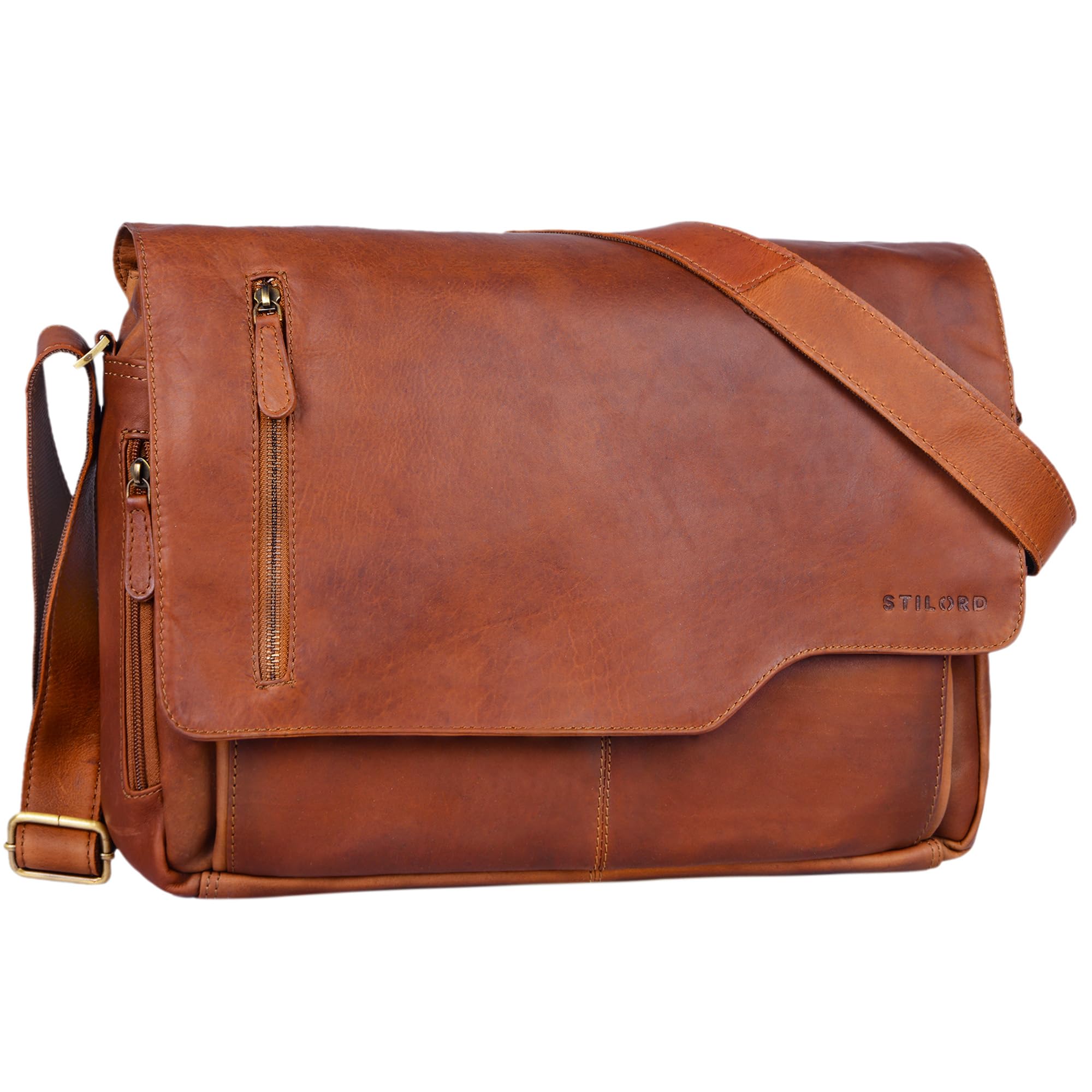 STILORD "Marlon" Leather Bag Men Business University Vintage Shoulder Bag Crossbody Messenger Bag Laptop 15.6 inches in Genuine Leather Colour:Cognac-Brown