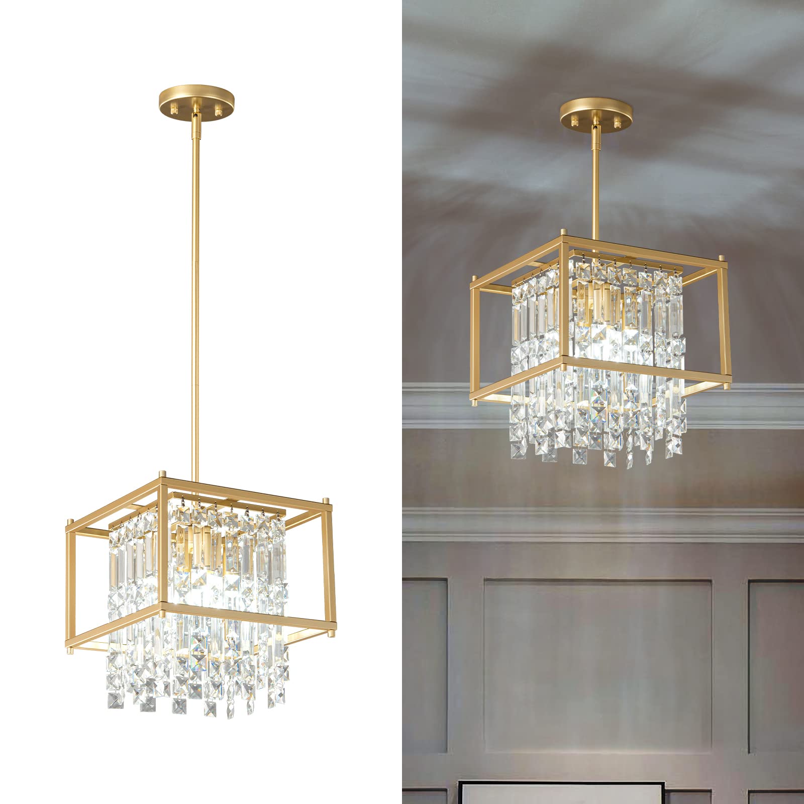 Photo 1 of LMQNINE Modern Foyer Chandelier, Black Crystal Chandelier Entryway Light Fixture, Square Adjustable Height Chandeliers for Kitchen Island, L11.81'' x H7.87''