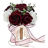 Vkkperp 9in Wedding Bouquets for Bride Bridesmaid, Burgundy & White Artificial Roses Flowers Bouquet for Rustic Church Boho Wedding or Centerpieces Decoration