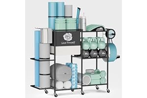 LOVIND Yoga Mat Storage Rack，Home Gym Storage Rack Gym Workout Equipment Storage Organizer Fitness Weight Rack on Wheels for Yoga Mat,Yoga Block,Foam Roller,Resistance Band,Dumbbell,Kettlebell and Other Workout Accessories