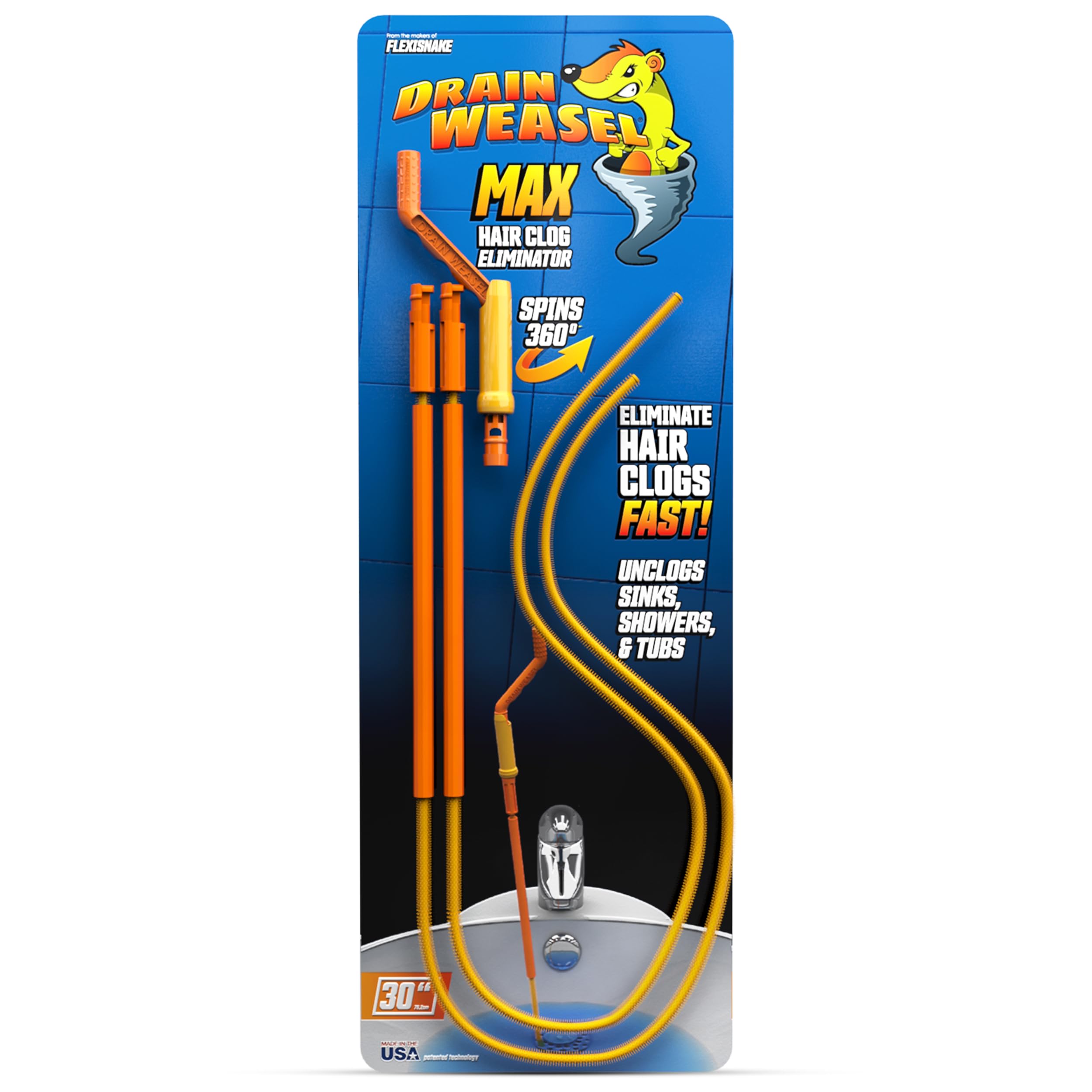 FlexiSnake The Drain Weasel MAX - 30 inch - Drain Hair Clog Remover Tool with Rotating Handle & 2 Wand Refills - Thin, Flexible, Easy to Use on Most Drains & Grates - Made in USA - (2-Pack)