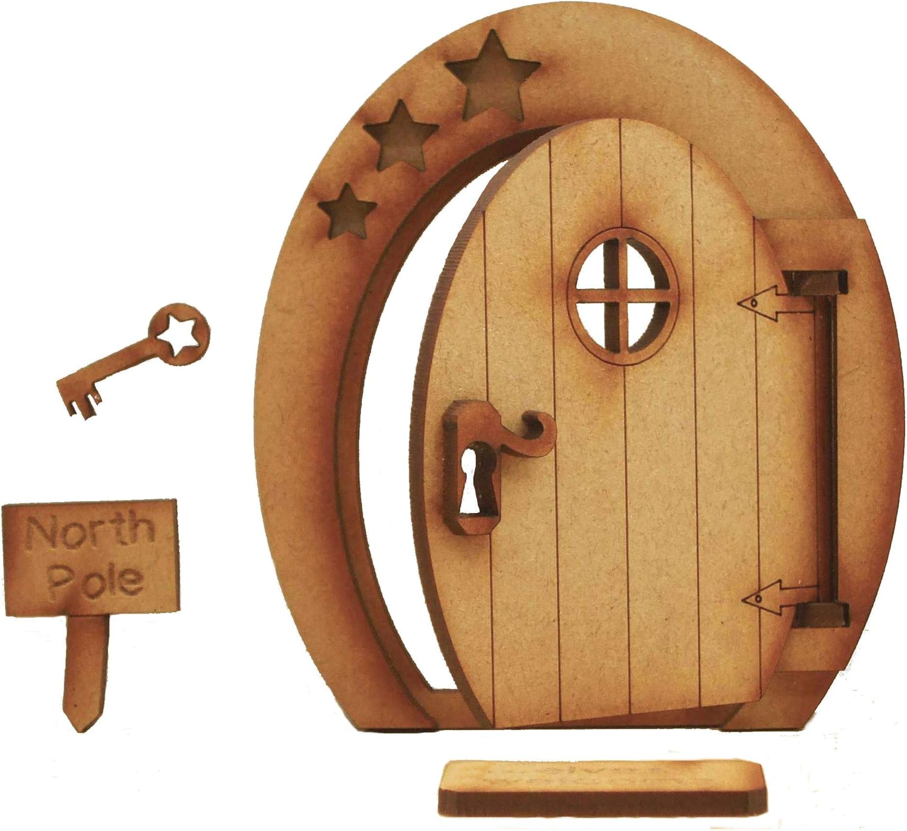 Alchemy EngravingLimited North Pole Opening Fairy Door. Festive Three-Dimensional Opening Fairy Door Wooden Self Assembly Craft Kit with Door Mat, Sign & Key