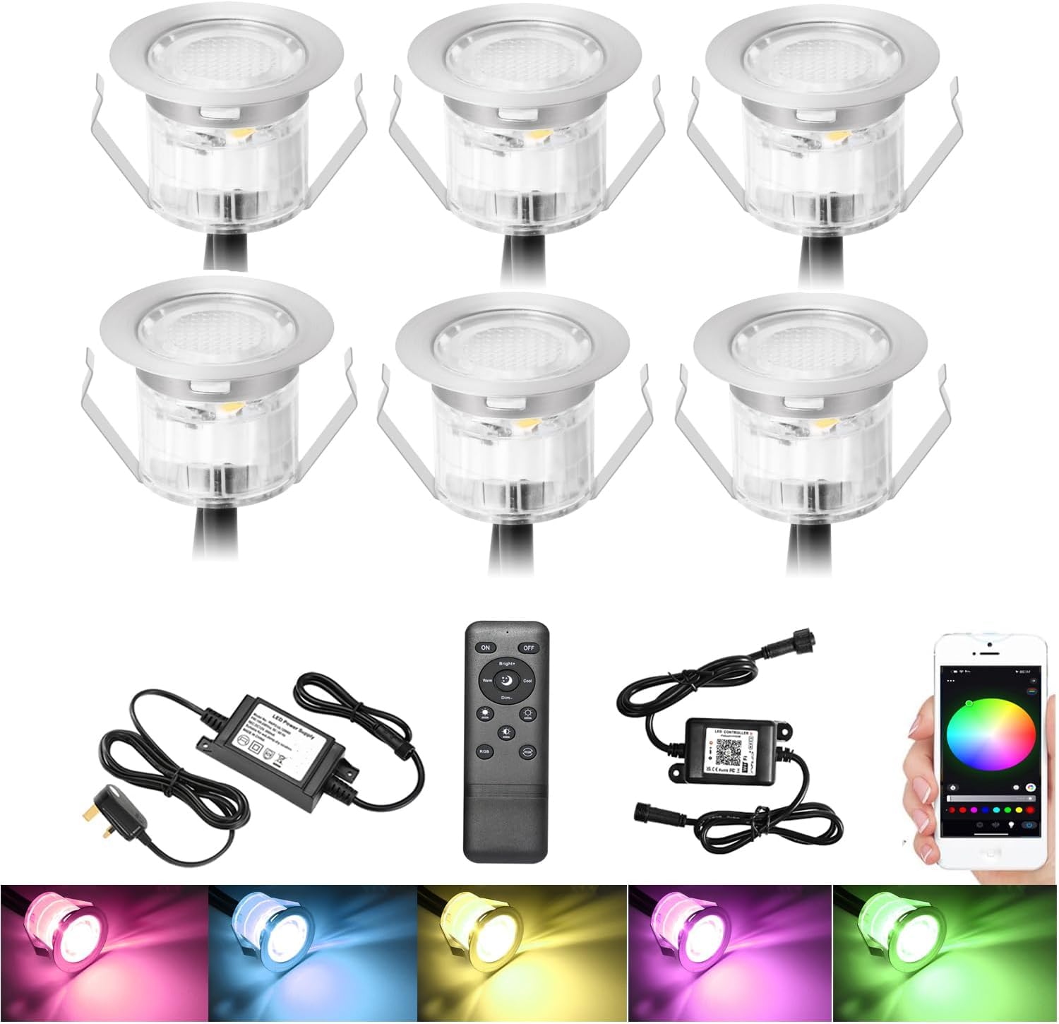 GEYUEYA Home WiFi Led Decking Lights RGB Waterproof IP67 Multicolor Ø30MM 12V WiFi Function LED Deck Lights with Remote Control for Terrace/Patio/Path - 6 Packs