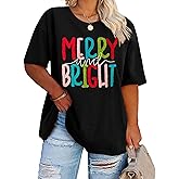 Merry and Bright Plus Size Shirt Women Chenille Patch Christmas Tops Holiday Shirt Women Embroidery Xmas Tee Tops