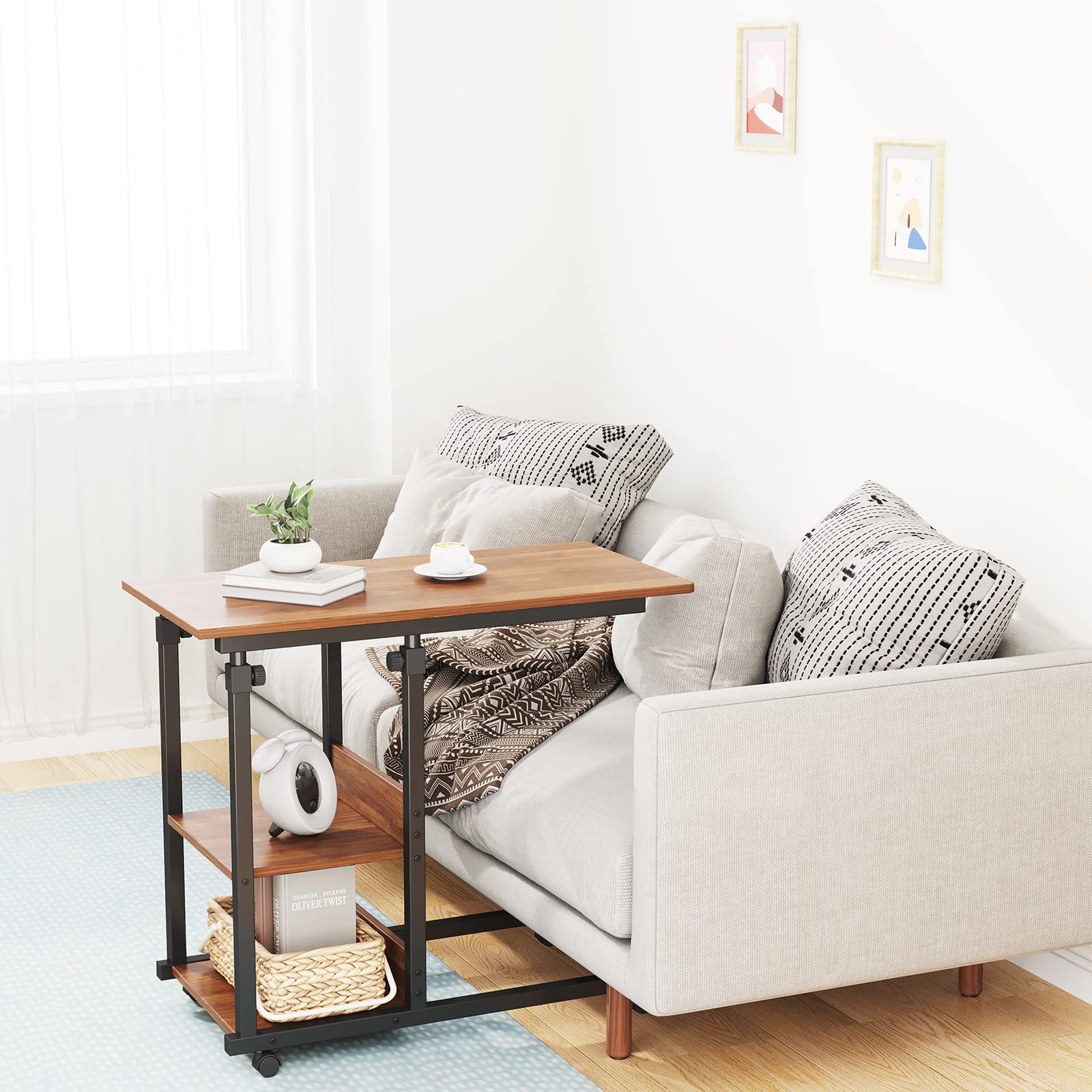 Dripex Beistelltisch mit Rollen Laptoptisch Höhenverstellbar Schreibtisch aus Holz, Sofatisch Nachttisch Kaffeetisch Schlafzimmer, Wohnzimmer Dunkelbraun 4
