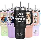 Personalized 40 oz Tumbler with Handle and Straw, Custom Tumbler with Picture, Logo, Text, Stainless Steel Travel Coffee Mug Cup, Personalized Gifts For Women Men Birthday Anniversary Christmas Gifts