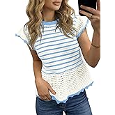 Saodimallsu Womens Ruffle Cap Sleeve Sweater Tops Crochet Knit Striped Crew Neck Summer Babydoll Top Pullover Shirts