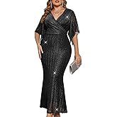 ZOMVA Plus Size Maxi Formal Dress Sparkly V-Neck Mermaid Wrap Evening Gown Cocktail Prom Glitter Handkerchief Sleeves
