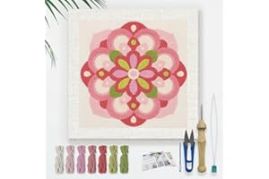 Doodlream Mandala Flower DIY Punch Needle Embroidery Kit for Adult Beginner, 9.4" Geometric Pink Floral Punch Stitching Craft