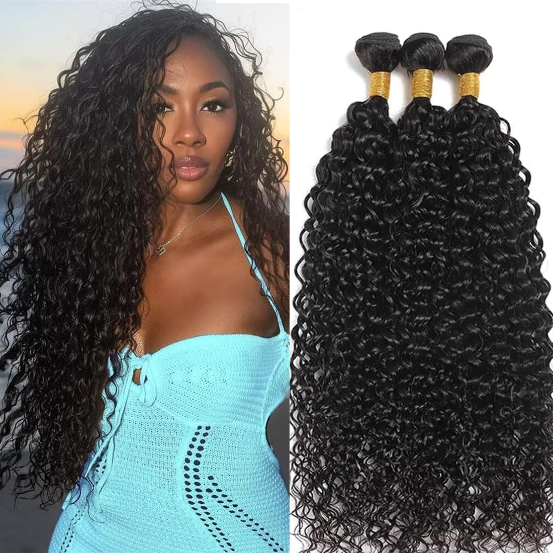 12A Curly Human Hair Bundles 100% Unprocessed Kinky Curly Bundles Human Hair Soft And Thick Can Be Dyed Curly Wave 3 Bundles Natural Black Color 14 16 18 Inch 95-100g/bundle total 285-300g — image 1