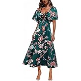 Fashionme Womens Dresses 2026 Maxi Dresses Deep V Neck Elegant Bow Tie Front Cap Sleeve Summer Floral Satin Smocked Dress