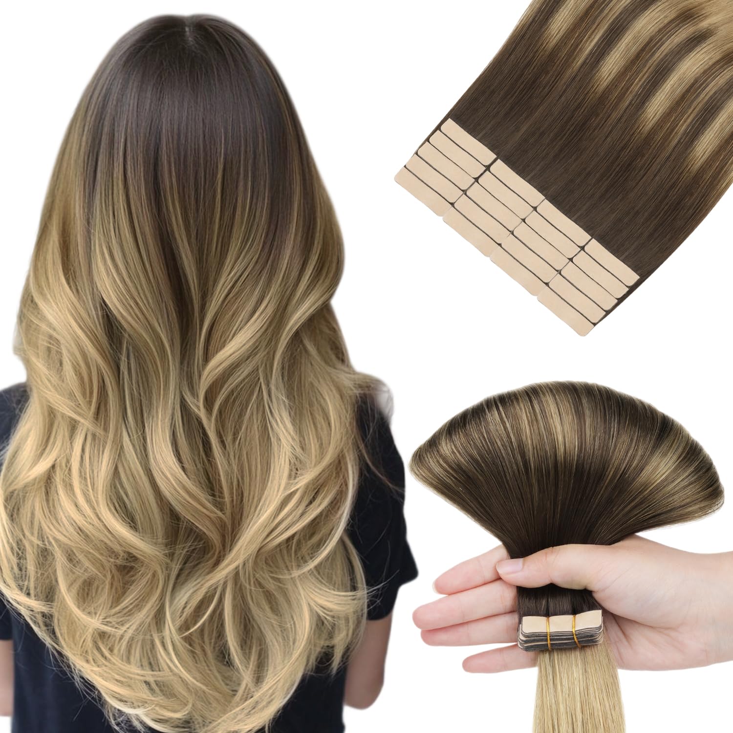 hotbanana Tape in Hair Extensions, 22 Inch Tape in Hair Extensions Human Hair 20pcs 50g Chocolate Brown Highlighted Dirty Blonde Balayage Tape Hair Extensions Straight Human Hair Tape in Extensions — image 1