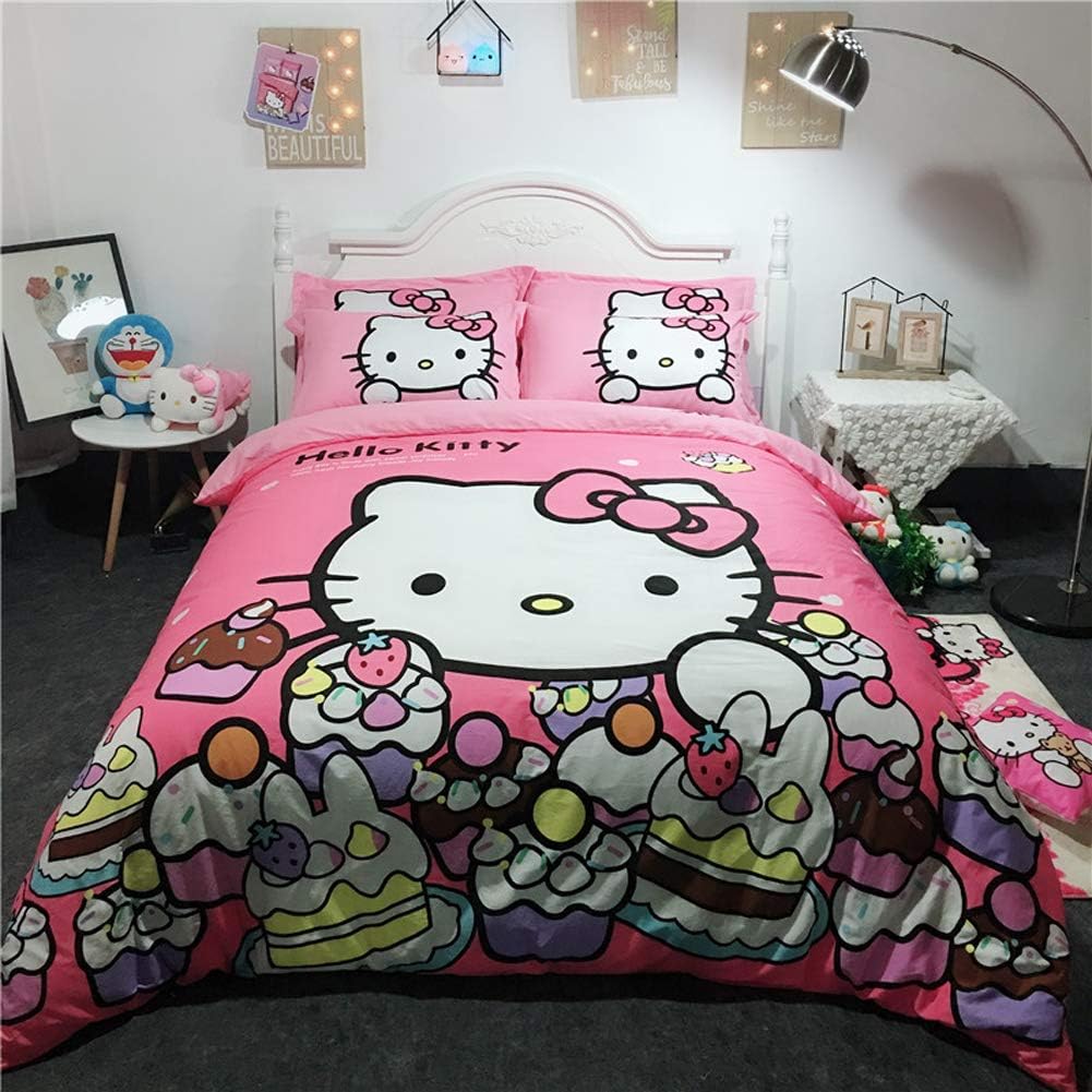 HOLY HOME My Daughter’s Birthday Gifts, Hello Kitty & Bowl Dessert, Pink Red Bedding Full Size 78"x90" Duvet Cover and Fitted Sheet 70"x78"+12" Plus 2 Pillow Cases, 4 Pieces