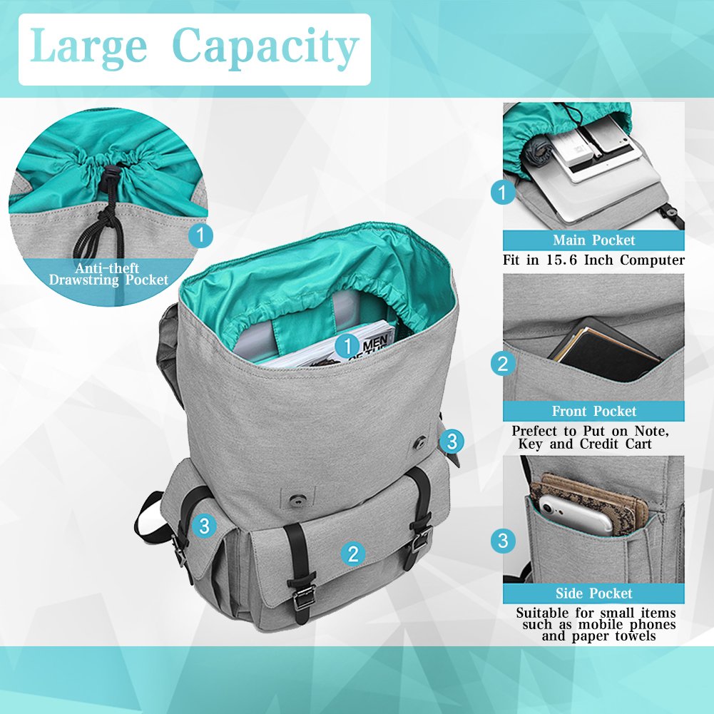 Vintage Mochila Mujer Bolsos Mochila Hombre Antirrobo Mochila Portatil 15,6 Pulgadas Trabajo Impermeable Camping Deportiva Casual College Daypack, Gris