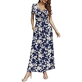 CATHY Women Short Sleeve Deep V-Neck Casual Long Dress Sexy Pleated Waist Maxi Dresses with Pockets