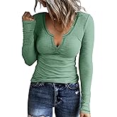 KINLONSAIR Women Casual Long Sleeve Tunic V-Neck Slim Fit T Shirts Basic Tee Tops Crew Neck Ribbed Knit Solid Shirt