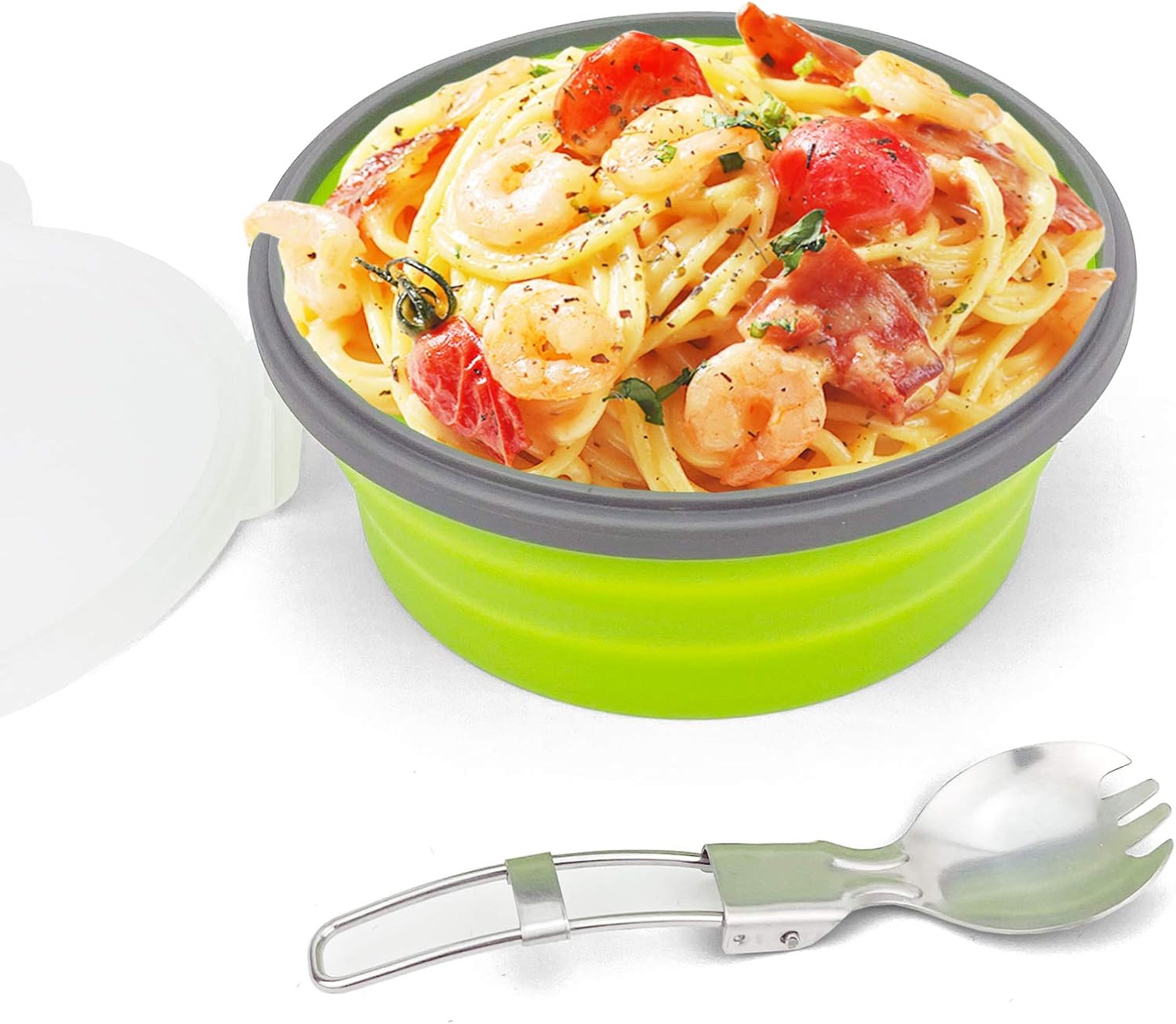 CCyanzi 1200ml Collapsible Camping Bowl Silicone Food Storage Container with Lid and Foldable Stainless Steel Fork Spoon, for Picnic, Travel, Camping, RV, Fridge and Microwave Bowls