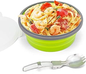 CCyanzi 1200ml Collapsible Camping Bowl Silicone Food Storage Container with Lid and Foldable Stainless Steel Fork Spoon, for Picnic, Travel, Camping, RV, Fridge and Microwave Bowls