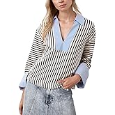 Kedera Womens Striped Business Casual Tops Long Sleeve V-Neck Sweatshirts Collared Oversized Trendy Polo Rugby Shirts