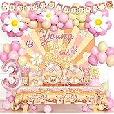 Fiesec Young Wild and Three Decorations Girl, 200 PCs Three Groovy Boho Hippie 3rd Birthday Party Supplies Backdrop Balloon Banner Tablecloth Cake Topper Plate Napkin Cup Straw Knife Fork Spoon