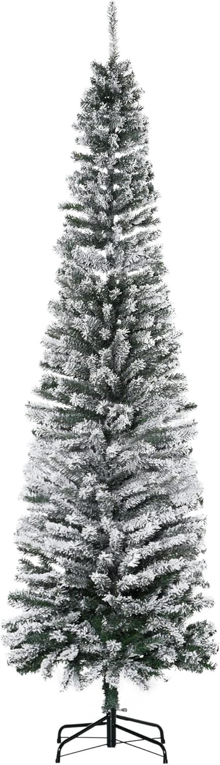Trees - HOMCOM 7.5' Tall Unlit Snow-Flocked Slim Artificial Christmas Tree with Realistic Branches and 738 Tips