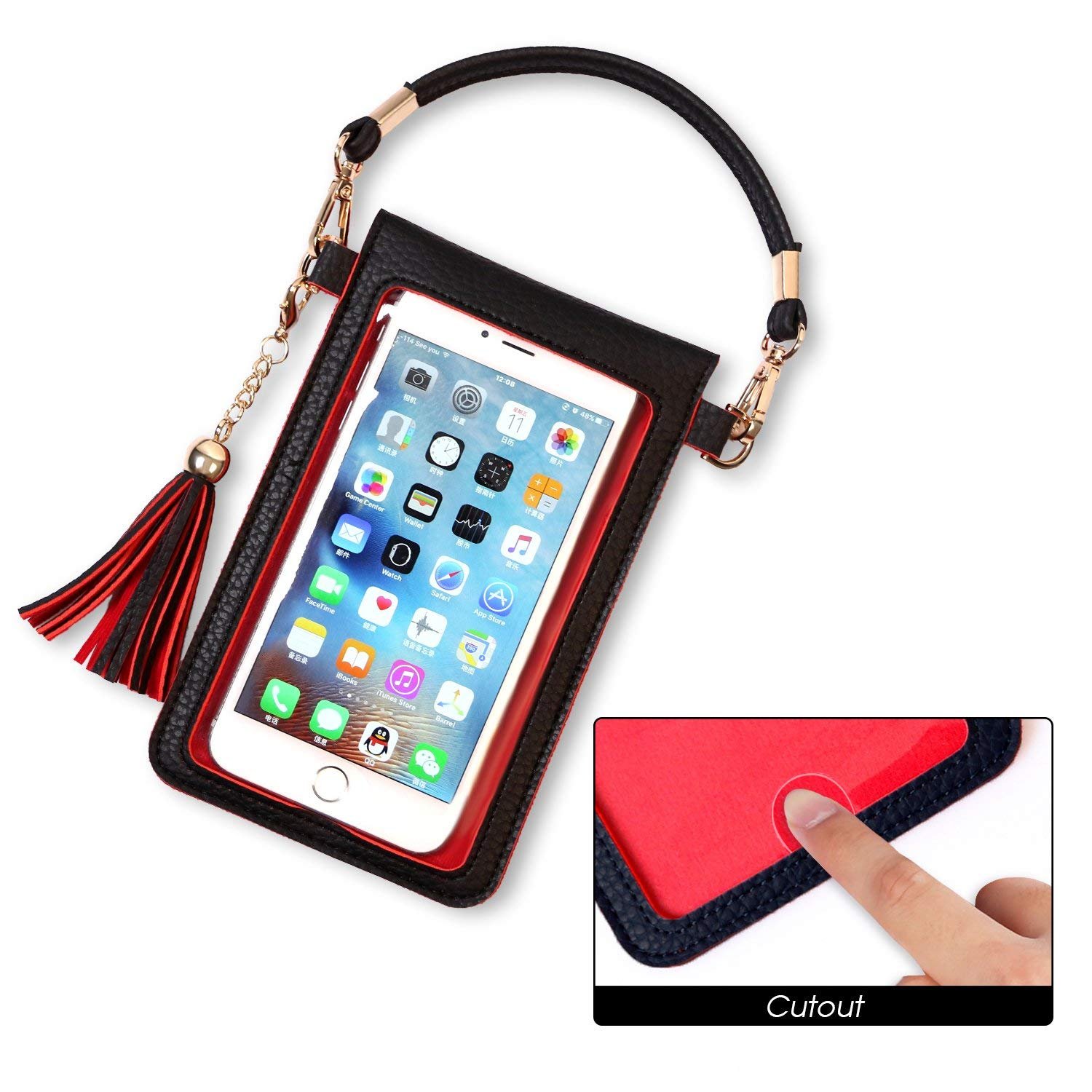 LKZAIY PU Leather Crossbody Bag Mini Phone Pouch with Shoulder Strap for iPhone 7 Plus, 6S Plus, 6 Plus, 7, 6S, 6, 5S, 5C, Samsung S8, S7 Edge, S6 Edge+, S6, S5, S4, J3, J7 (Black+Red)