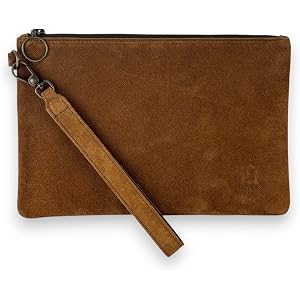 Leather Pouch with Zipper (Sienna Suede, Medium w/Wristlet Strap)