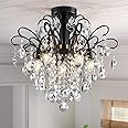 WUZUPS Crystal Chandelier Flushmount Ceiling Light Modern Lighting Fixture for Bedroom Hallway Bar Kitchen Bathroom, H 17.5'' x W 19.3'', E12 Base, Black