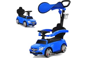 AKUSTIK OLAKIDS 3-in-1 Kids Ride on Push Car, Licensed Mercedes Benz Toddlers Stroller with Removable Canopy Parents Handle Underneath Storage Cup Holder, Foot-to-Floor Walking Toy with Horn Music (Navy)