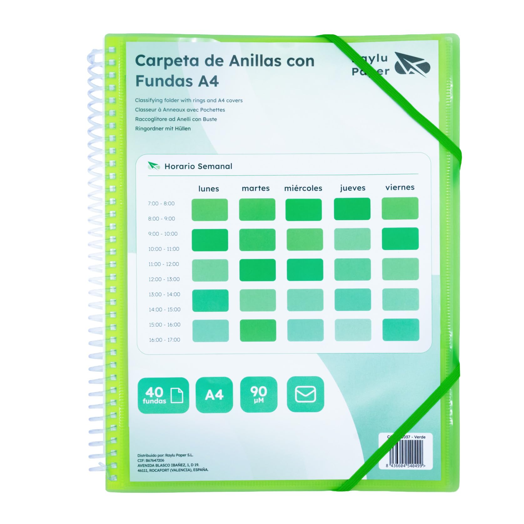 Raylu Paper® – Ring Folder with 90 Micron A4 Clear Sleeves and Envelope with Velcro Closure, Customizable Cover, 100% Biodegradable Sleeve Binder (40 Pockets, Green)