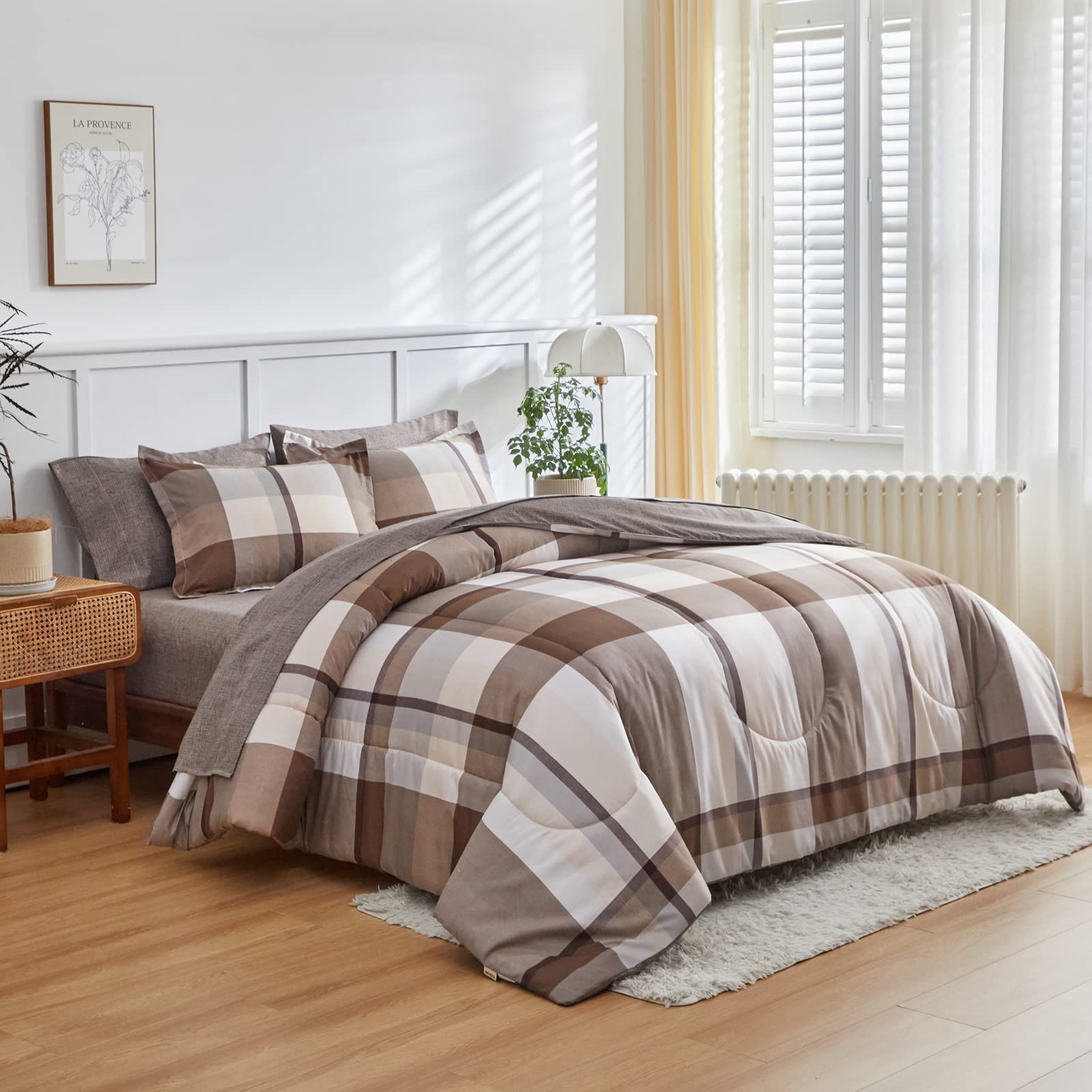 Photo 1 of AIKASY Bed in a Bag 7 Piece Queen Size, Brown Plaid Design Soft Microfiber Reversible Bed Comforter Set for All Season (1 Comforter, 2 Pillow Shams, 1 Flat Sheet, 1 Fitted Sheet, 2 Pillowcases)