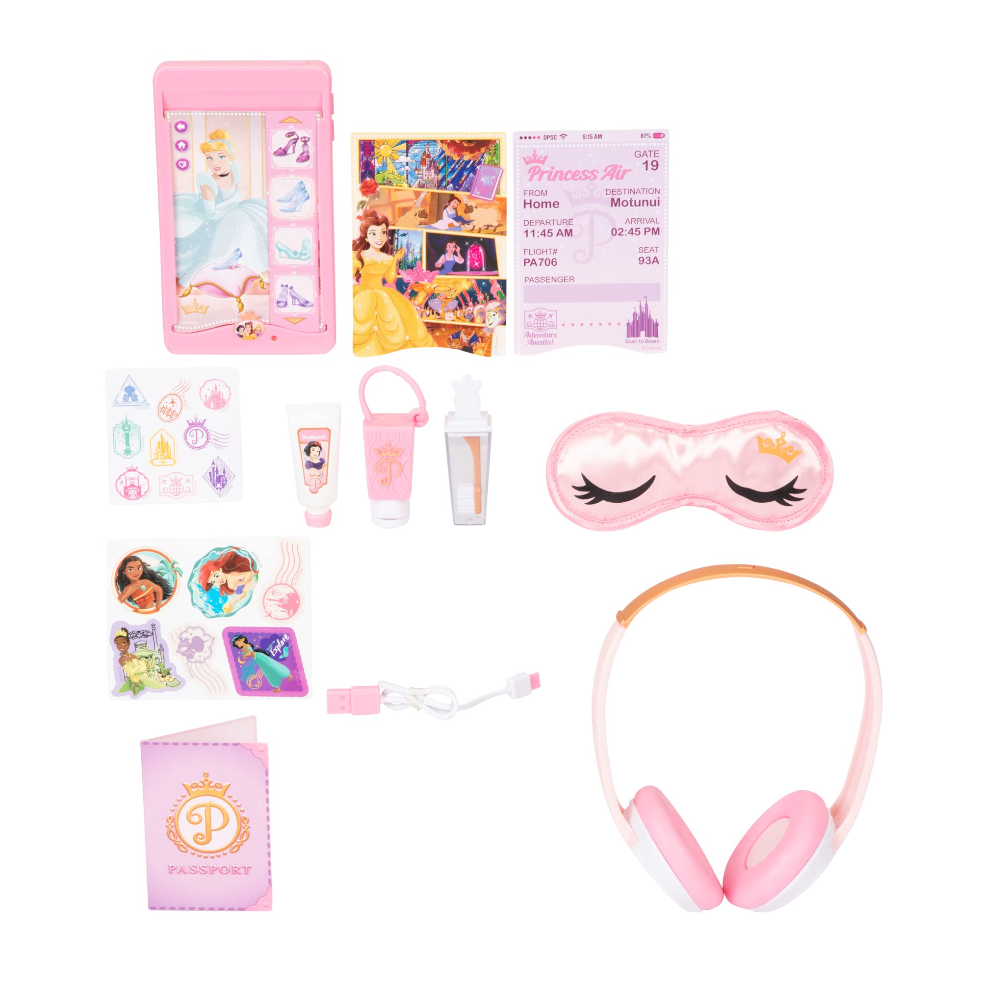 Disney Princess Travel Suitcase Play Set for Girls with Luggage Tag Style Collection, 14 Pretend Play Accessories Pieces Including Travel Passport! for Ages 3+