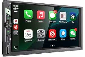 EFFLEMOUR 7'' Double Din Car Stereo with Wireless Apple CarPlay & Android Auto, Wireless Airplay & Mirror Link, 1024x600 HD Touchscreen, 240W, Bluetooth, 12-LED Waterproof Backup Camera, Steering Wheel Control