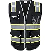 JKSafety 9 Pockets Hi-Vis Black Color Zipper Front Safety Vest Fluorescent Yellow Strips outlining the Reflective Tapes ANSI/ISEA Class 1 (901-Black, Large)