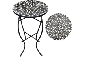 Vipush Outdoor Side Table Mosaic Accent Table End Table Plant Stand for Patio Garden Backyard Balcony Porch,14'' Round Mosaic Table Top with Black Iron,Grey