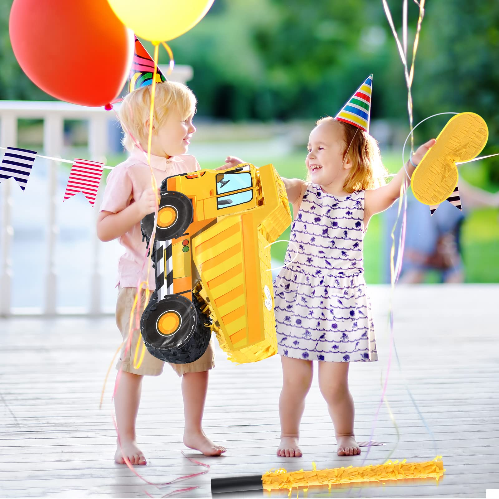 Aoriher Construction Dump Truck Piñata with Blindfold and Bat Party Decor Tractor Excavator Piñata for Boy Kids Truck Birthday Supplies