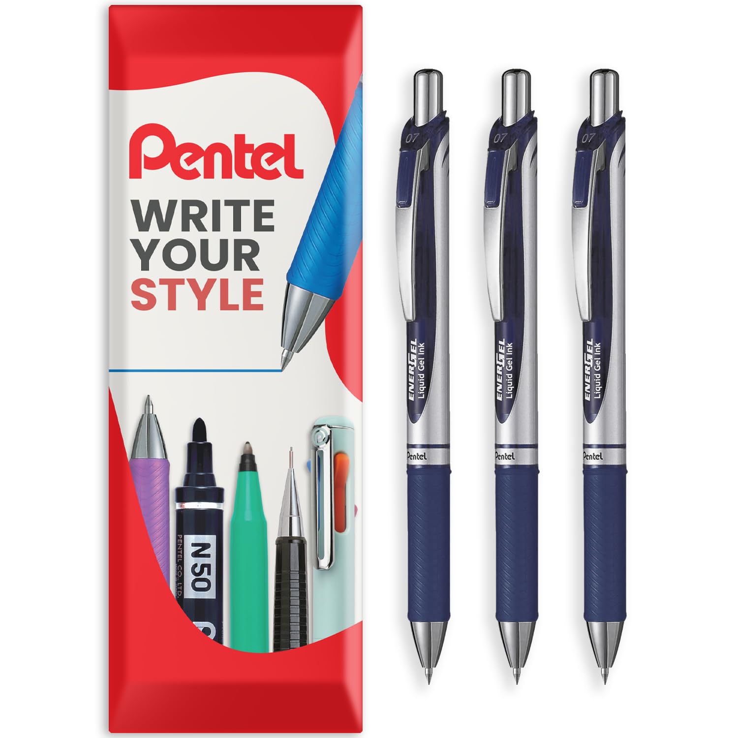 Pentel EnerGel XM BL77 - Retractable Liquid Gel Ink Pen - 0.7mm - 54% Recycled - In Envelope Gift Packaging - Pack of 3 - Navy Blue