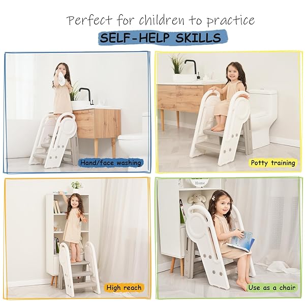 HARWAYA FOLDABLE TODDLER STEP STOOL FOR BATHROOM SINK, ADJUSTABLE KIDS 3 OR 2 STEP STOOL FOR TODDLERS BATHROOM TOILET POTTY, PLASTIC BABY GIRL CHILD STEPPING STOOL WITH HANDLE RAIL FOR KITCHEN COUNTER