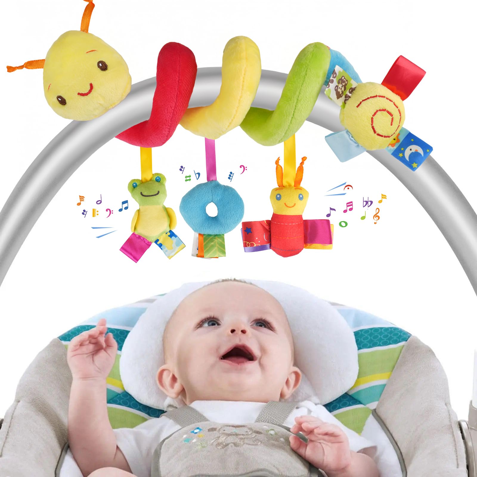 Pram Toys for Babies 0-6 Months, Soft Plush Car Seat Toys with Rattles, Cartoon Hanging Baby Toy for Newborn Toys, Sensory Play for Crib, Stroller & Pushchair, Early Learning Gift for Boys & Girls