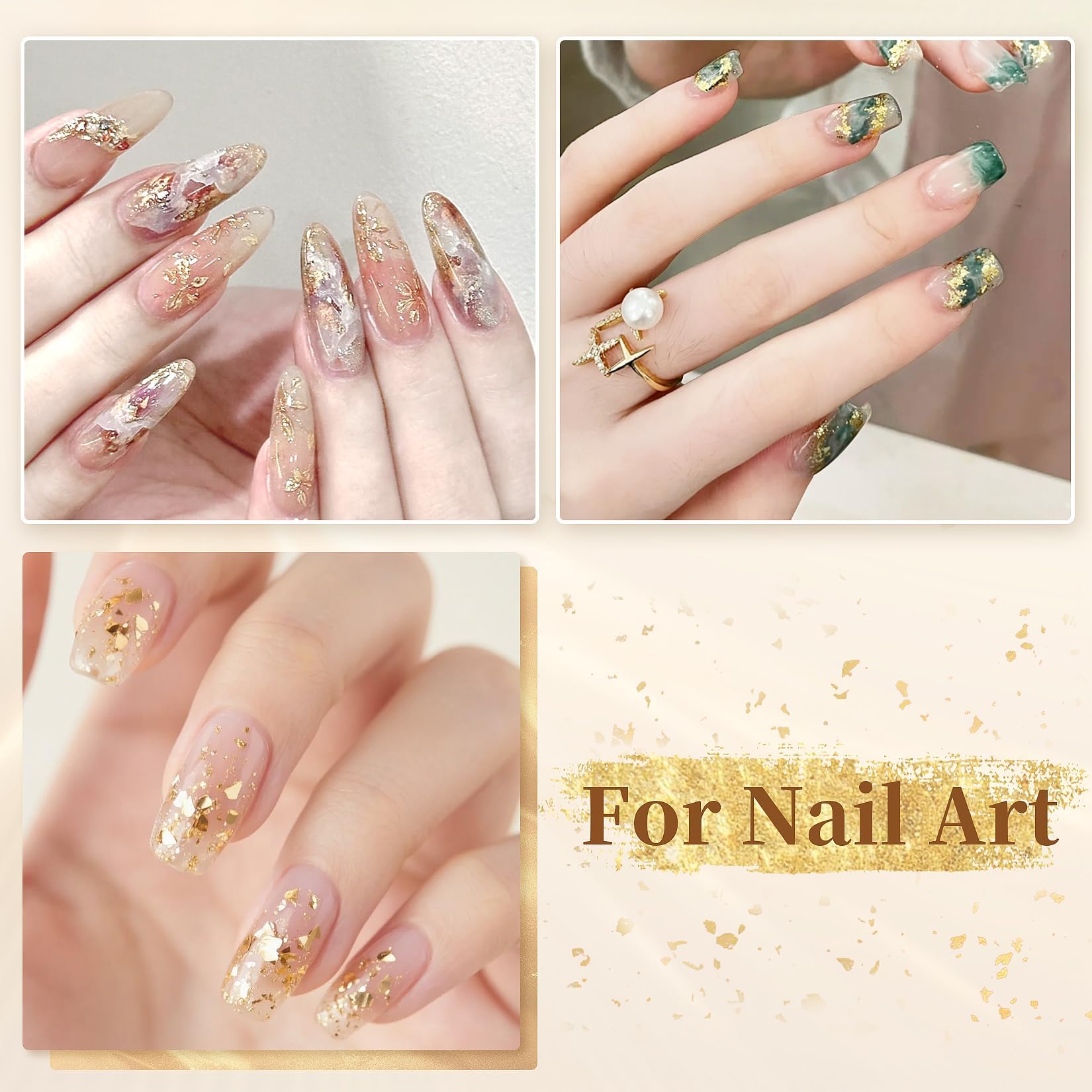 RAQEHO 9g Gold Flakes for Nails - Gold Foil Leaf Golden Nail Art Foil Flakes for Resin Crafts Painting Add Ins Nail Flakes Papel oro para uñas for Resin Craft Epoxy Making 3Gram Silver Golden Copper
