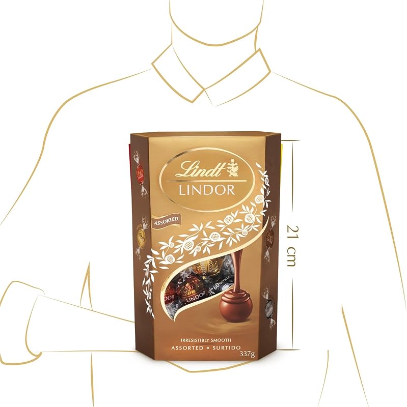 bombones LINDOR SURTIDO CORNET incluye bombones chocolate negro al 70% de cacao, chocolate con leche, chocolate negro, delicioso bombón con interior de chocolate cremoso, 337g